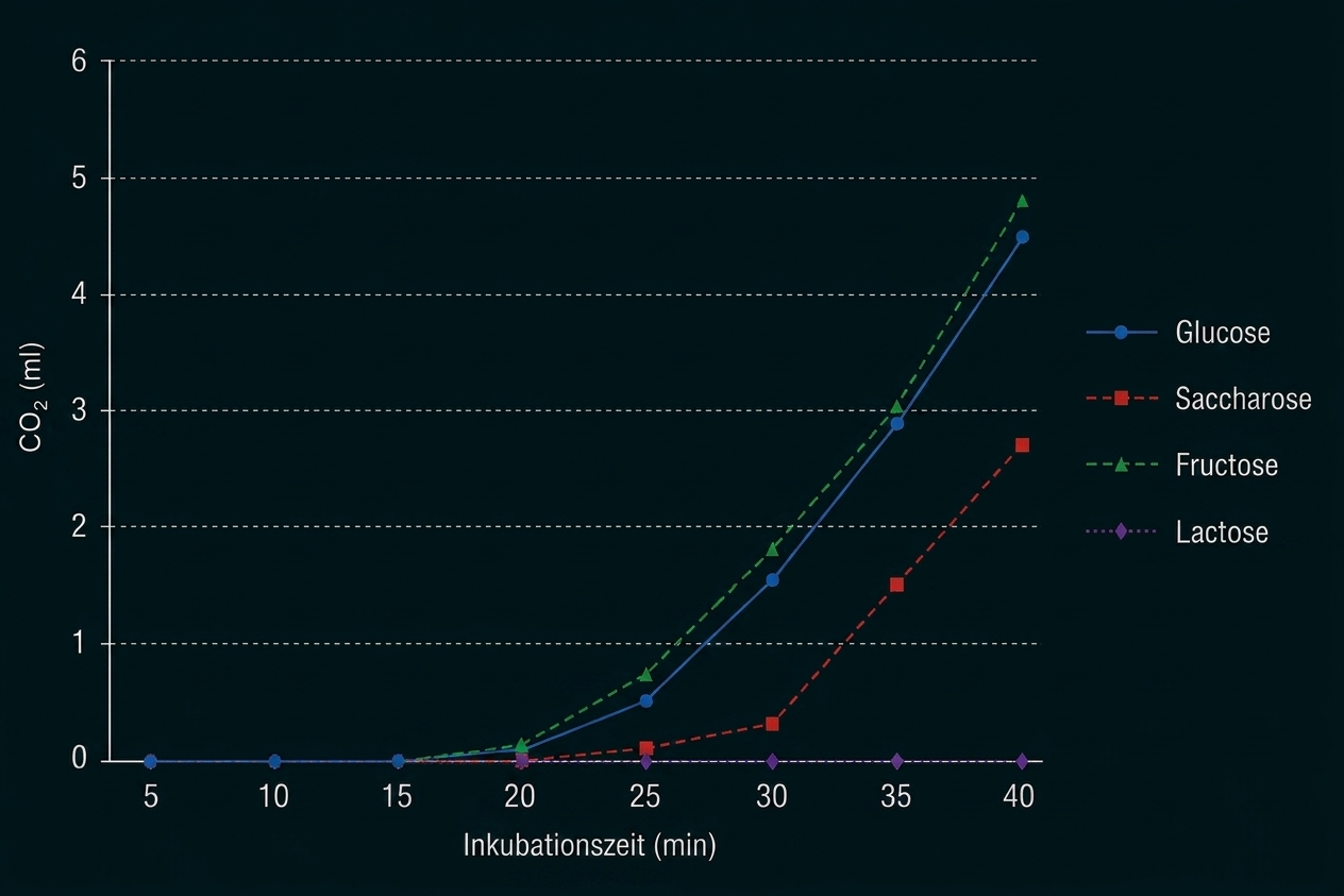 Liniendiagramm: CO₂ (ml) über Inkubationszeit (min) für Glucose, Saccharose, Fructose und Lactose.